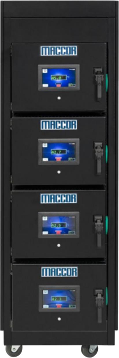 Four Maccor temperature chambers mounted in a 19-inch rack